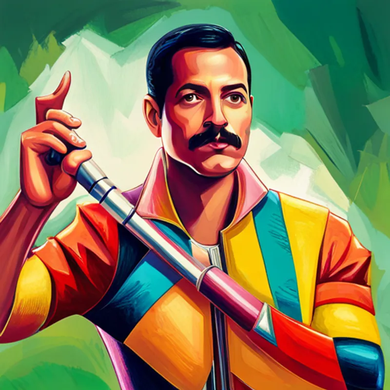 Freddie Mercury wearing a flashy outfit and singing into a mic