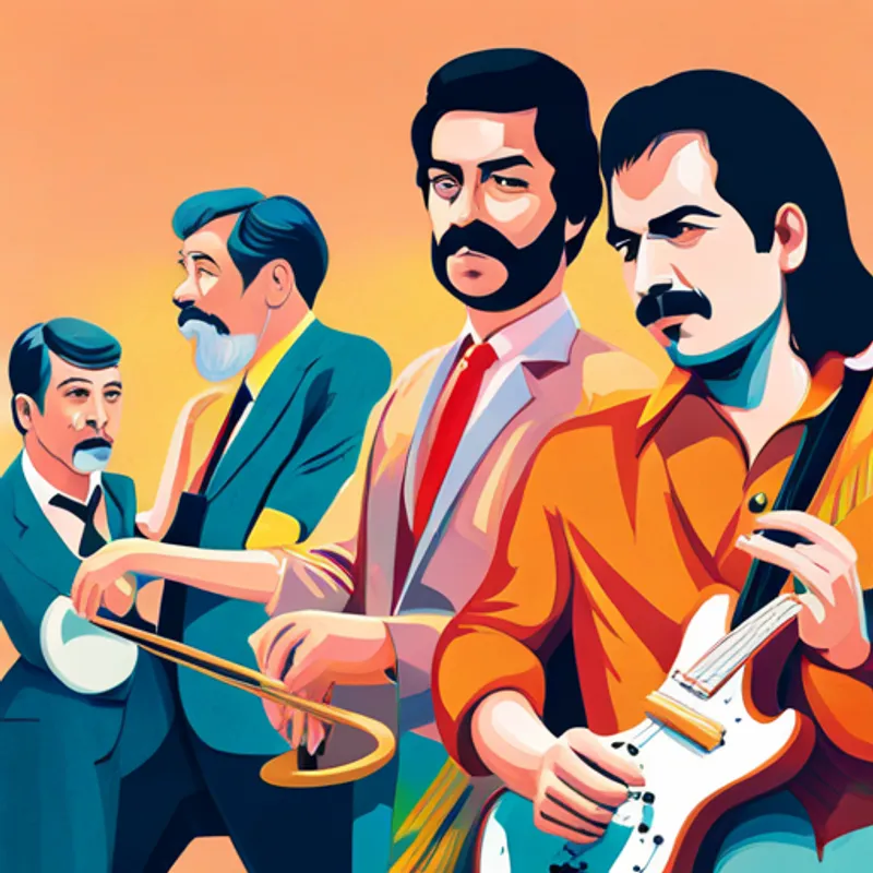 Freddie Mercury and his bandmates playing musical instruments