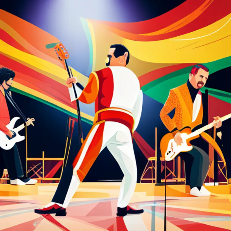 Freddie Mercury and his bandmates performing on a big stage