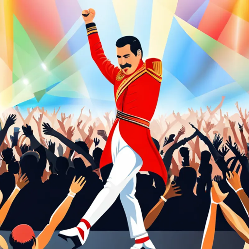 Freddie Mercury on stage with the crowd cheering