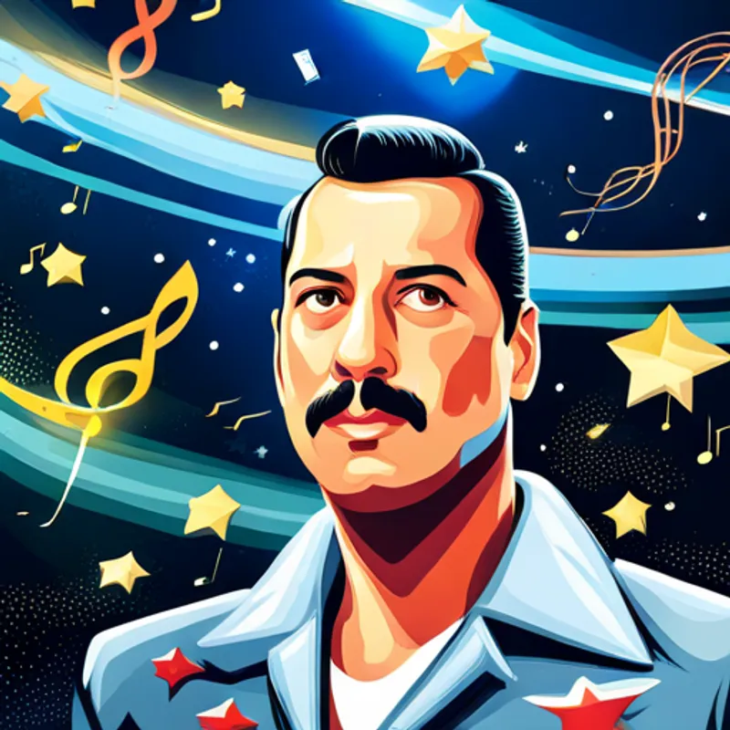 Freddie Mercury surrounded by music notes and shining stars