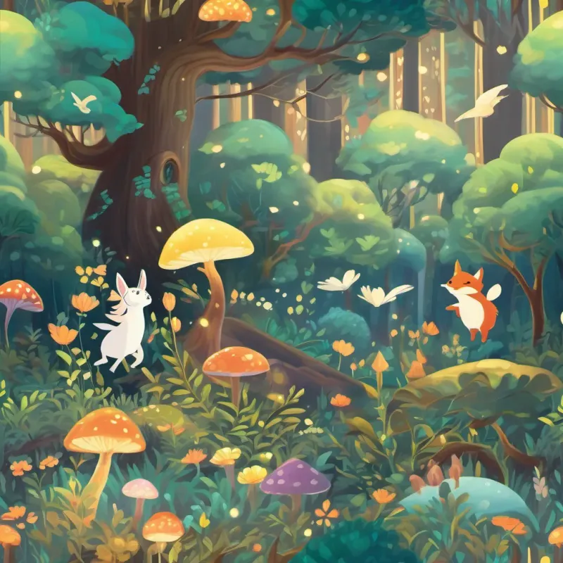 An enchanting, whimsical forest with magical creatures dancing under the moonlight.