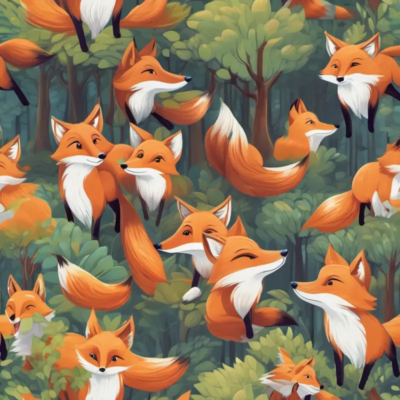 A cute fox named A cute and energetic fox with a bright orange coat, always seen frolicking through the forest frolicking energetically in a forest, spreading joy.