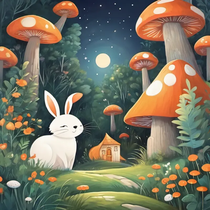 A small, cheery bunny with white fur and a constant smile, loves to race and laugh, A cute and energetic fox with a bright orange coat, always seen frolicking through the forest, and A large, round mushroom with a face, glittering eyes, and a magical aura that helps him hover journeying back to their forest under the starry night sky, with fond memories of their adventure.