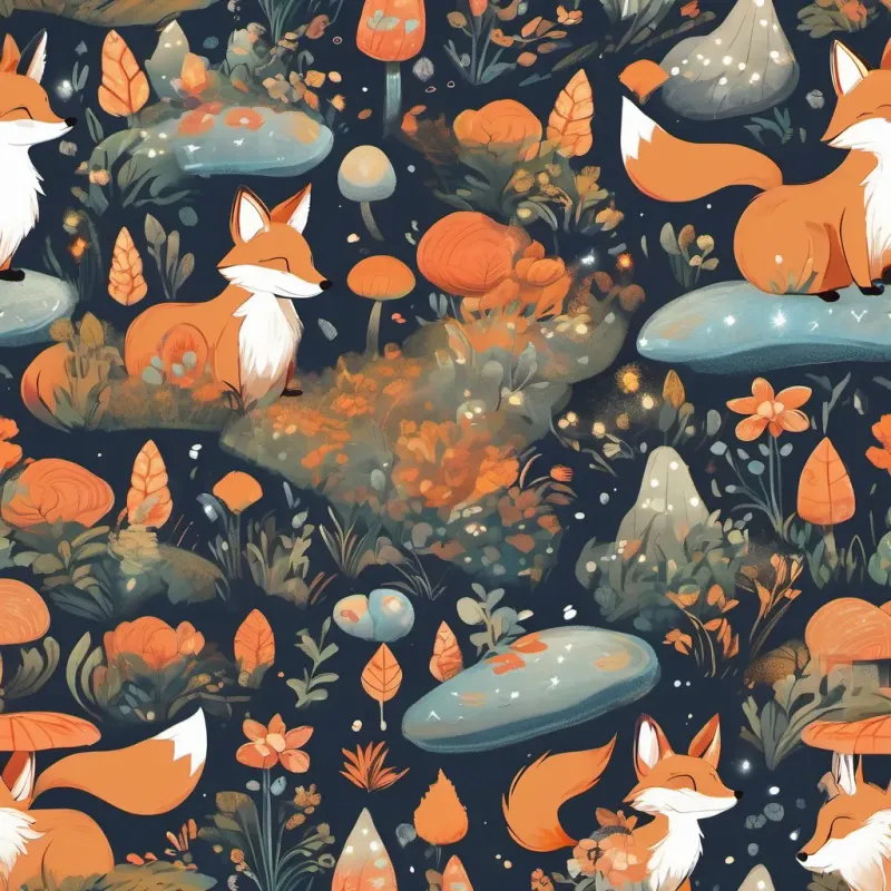 A heartwarming scene of A cute and energetic fox with a bright orange coat, always seen frolicking through the forest, A small, cheery bunny with white fur and a constant smile, loves to race and laugh, and A large, round mushroom with a face, glittering eyes, and a magical aura that helps him hover under a starry sky, showcasing their deep friendship.