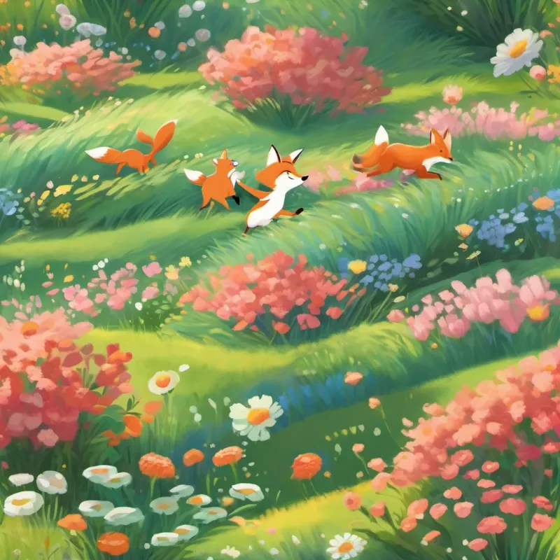 A playful scene with a fox and a bunny happily racing through a sunlit flowery field.