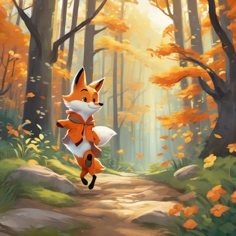 A cute and energetic fox with a bright orange coat, always seen frolicking through the forest and A small, cheery bunny with white fur and a constant smile, loves to race and laugh joyfully hopping, skipping, and flipping together in the forest.