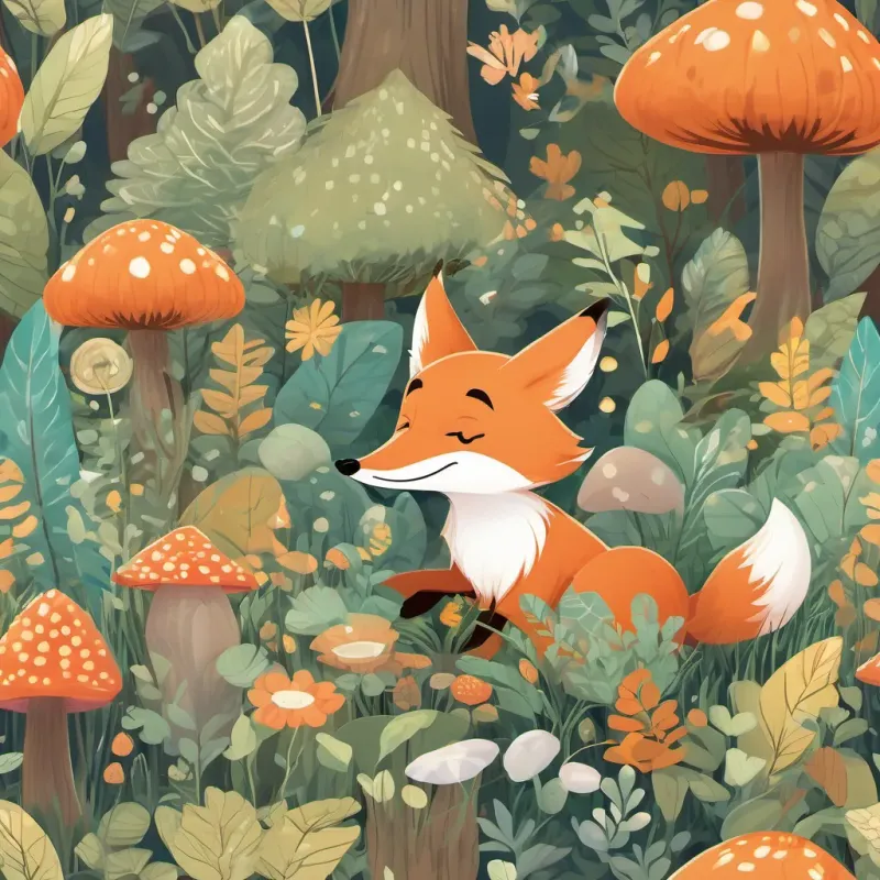 A cute and energetic fox with a bright orange coat, always seen frolicking through the forest and A small, cheery bunny with white fur and a constant smile, loves to race and laugh discovering a big, curious mushroom with an intriguing glow in the forest.