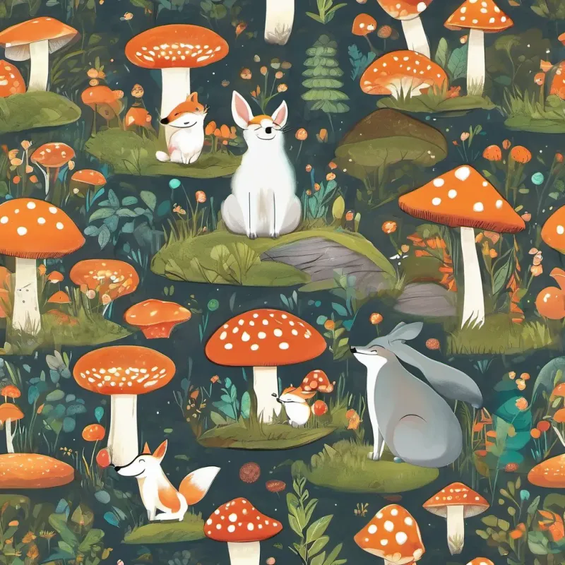 A magical talking mushroom named A large, round mushroom with a face, glittering eyes, and a magical aura that helps him hover, glittering with vibrant colors, speaking to A cute and energetic fox with a bright orange coat, always seen frolicking through the forest and A small, cheery bunny with white fur and a constant smile, loves to race and laugh.