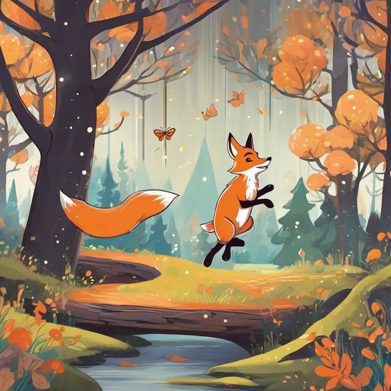 A cute and energetic fox with a bright orange coat, always seen frolicking through the forest and A small, cheery bunny with white fur and a constant smile, loves to race and laugh hovering in the air, guided by A large, round mushroom with a face, glittering eyes, and a magical aura that helps him hover above trees and bees in a silent, magical journey.