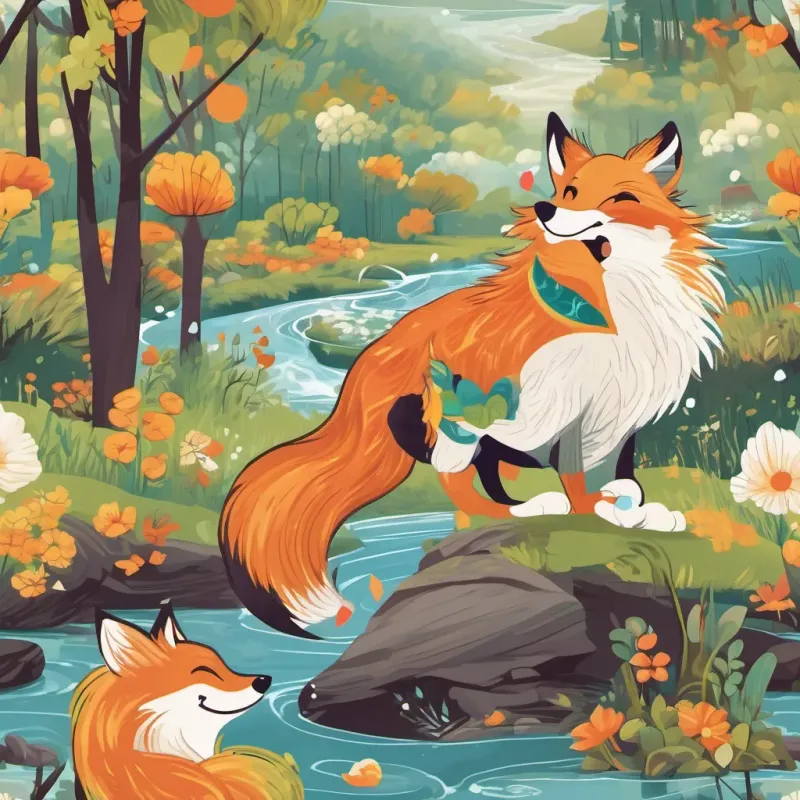 A whimsical scene of A cute and energetic fox with a bright orange coat, always seen frolicking through the forest, A small, cheery bunny with white fur and a constant smile, loves to race and laugh, and Mike sliding and tumbling down a rainbow-colored stream made of whipped cream.