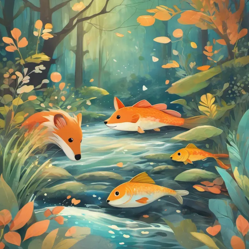 A rhyming fish named A colorful fish with a love for rhyming, often swimming in joyful circles in a magical stream in a whimsical setting, happily interacting with A cute and energetic fox with a bright orange coat, always seen frolicking through the forest.