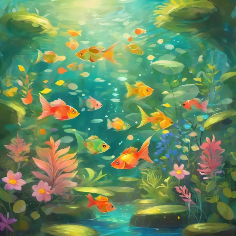 A colorful fish with a love for rhyming, often swimming in joyful circles in a magical stream the fish swimming in circles, enchanting plants around her which begin to dance whimsically.