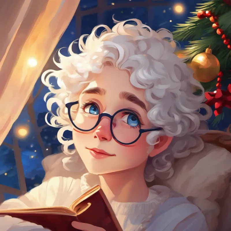 Tired-looking, glasses, white hair, blue eyes sleeping, Curly hair, bright eyes, paint-smudged face, cherubic smile scheming, evening setting