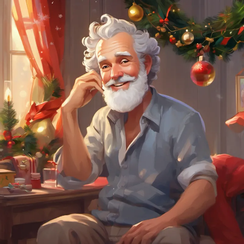 Laugh lines, balding, friendly eyes, grey beard sleepy, unaware of Curly hair, bright eyes, paint-smudged face, cherubic smile's escape, home interior