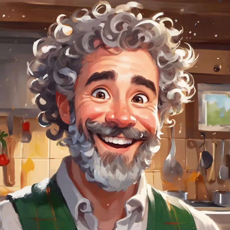 Paint-covered Curly hair, bright eyes, paint-smudged face, cherubic smile, surprised Laugh lines, balding, friendly eyes, grey beard, messy kitchen