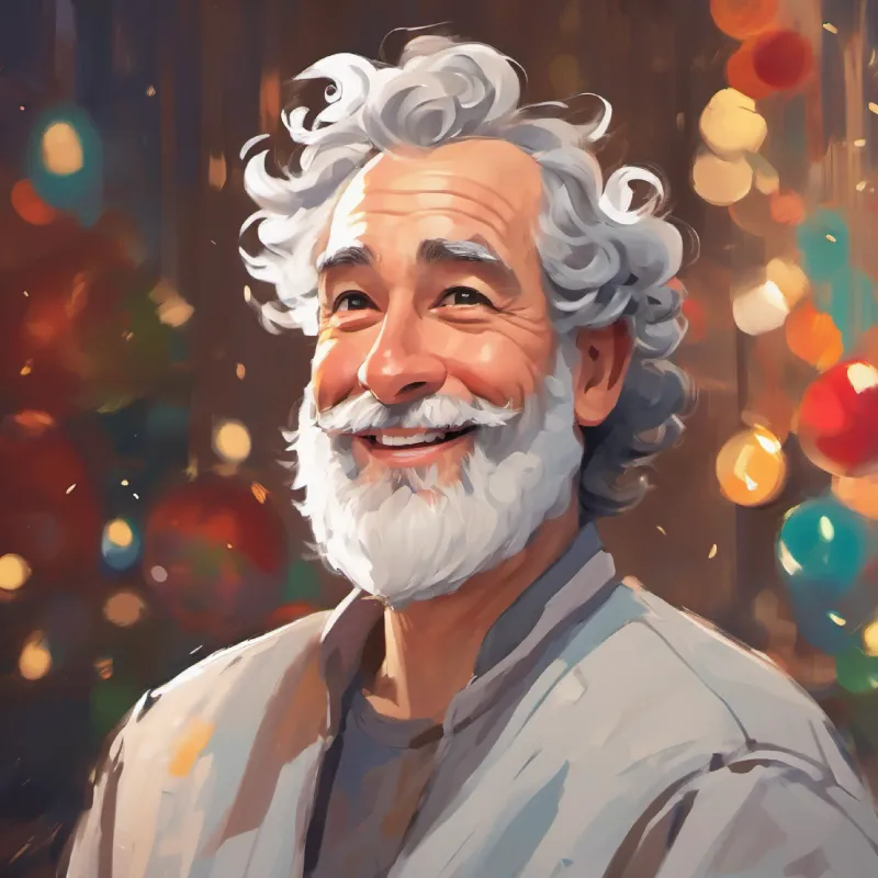 Calm Laugh lines, balding, friendly eyes, grey beard, messy Curly hair, bright eyes, paint-smudged face, cherubic smile, struggle to remain patient