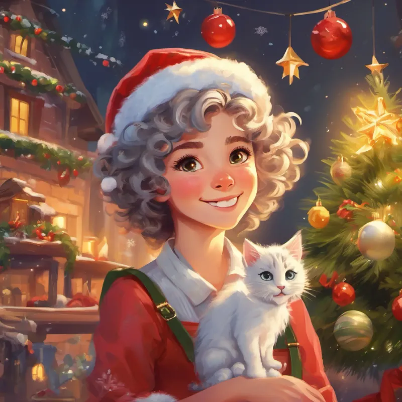 Cleaning process, giggling Curly hair, bright eyes, paint-smudged face, cherubic smile, displeased cat
