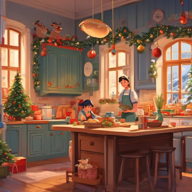 Clean kitchen, bedtime realization, tired characters