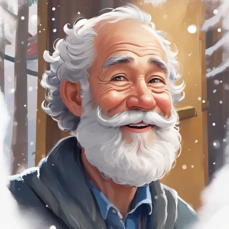 Quiet home, chuckling Laugh lines, balding, friendly eyes, grey beard, content Curly hair, bright eyes, paint-smudged face, cherubic smile