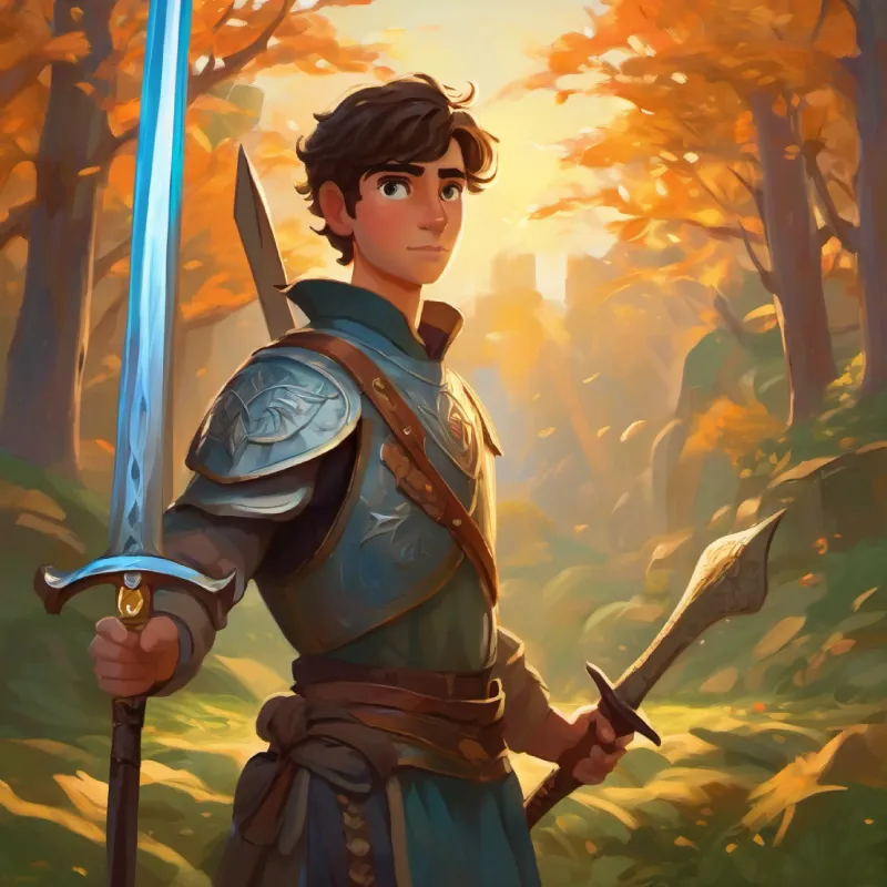 Young man, not tall, bright eyes, hopeful receives his sword and shield, symbols of protection and truth.