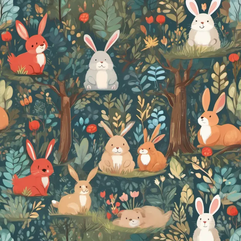 an enchanting forest with whimsical colors, featuring a cute bunny with long floppy ears and a friendly smile, wearing a small blue bow tie the bunny with long floppy ears and a cuddly bear with the softest fur and a cheerful expression, wearing a little red cap the bear with soft fur