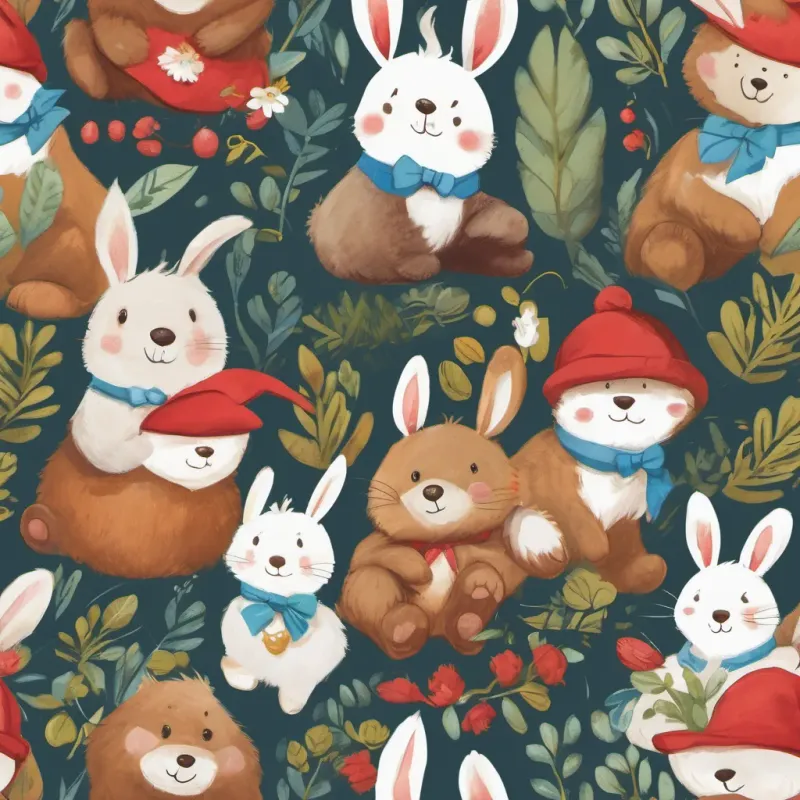 a cute bunny with long floppy ears and a friendly smile, wearing a small blue bow tie the bunny and a cuddly bear with the softest fur and a cheerful expression, wearing a little red cap the bear playing together in the forest, a cute bunny with long floppy ears and a friendly smile, wearing a small blue bow tie hopping and a cuddly bear with the softest fur and a cheerful expression, wearing a little red cap thumping along