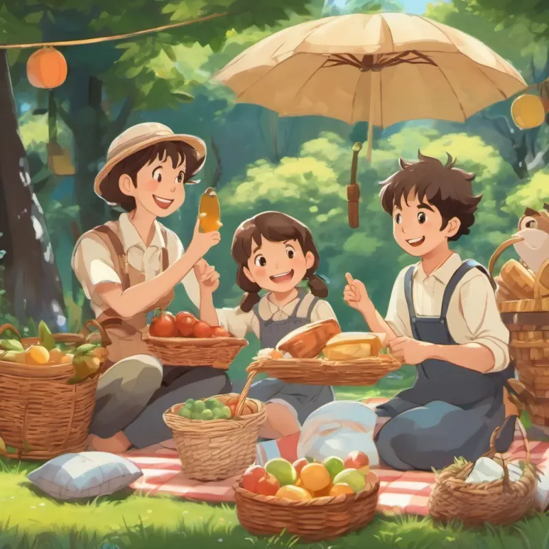 the trio celebrating after successfully gathering their picnic items with joy and cheer