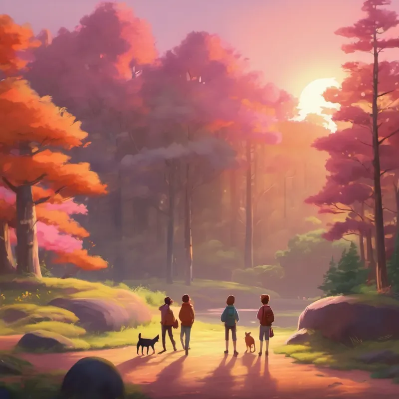 the sun setting over the forest, casting orange and pink colors with the friends looking content