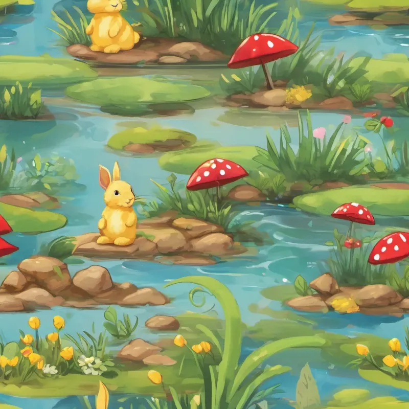 a cute bunny with long floppy ears and a friendly smile, wearing a small blue bow tie and a cuddly bear with the softest fur and a cheerful expression, wearing a little red cap playing hide and seek, with a green lizard with bright, curious eyes and a playful demeanor, wearing a tiny yellow scarf the lizard stuck in a muddy puddle