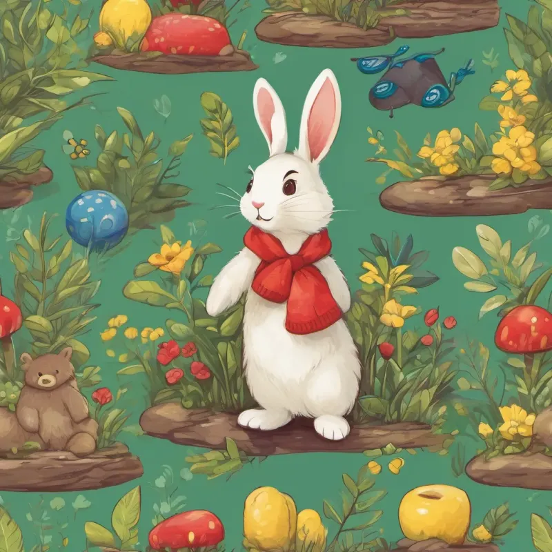 a cute bunny with long floppy ears and a friendly smile, wearing a small blue bow tie and a cuddly bear with the softest fur and a cheerful expression, wearing a little red cap coming to a green lizard with bright, curious eyes and a playful demeanor, wearing a tiny yellow scarf's rescue while she is stuck in the mud