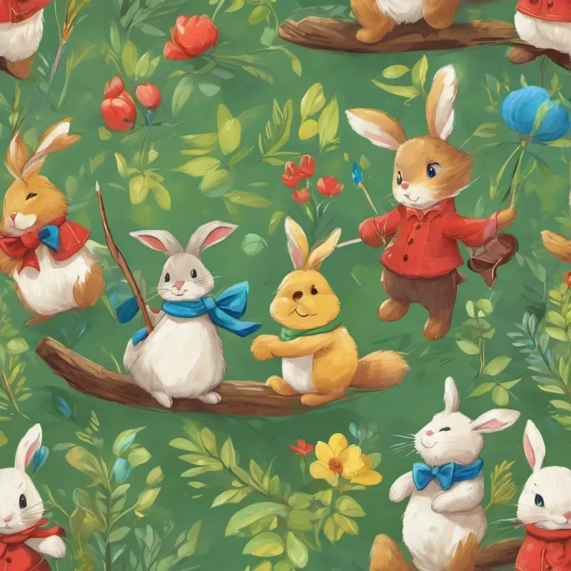 a cute bunny with long floppy ears and a friendly smile, wearing a small blue bow tie holding a long stick while a cuddly bear with the softest fur and a cheerful expression, wearing a little red cap uses it to pull a green lizard with bright, curious eyes and a playful demeanor, wearing a tiny yellow scarf out of the mud