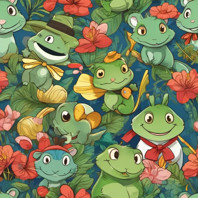 a green lizard with bright, curious eyes and a playful demeanor, wearing a tiny yellow scarf the lizard smiling gratefully at a cute bunny with long floppy ears and a friendly smile, wearing a small blue bow tie and a cuddly bear with the softest fur and a cheerful expression, wearing a little red cap after being rescued