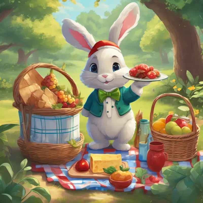 a cute bunny with long floppy ears and a friendly smile, wearing a small blue bow tie, a cuddly bear with the softest fur and a cheerful expression, wearing a little red cap, and a green lizard with bright, curious eyes and a playful demeanor, wearing a tiny yellow scarf enjoying a picnic under a tree, surrounded by delicious snacks
