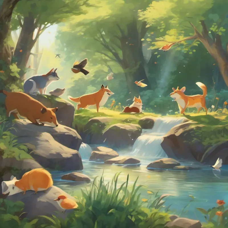 the animals laughing and eating together with birds singing and a brook babbling in the background