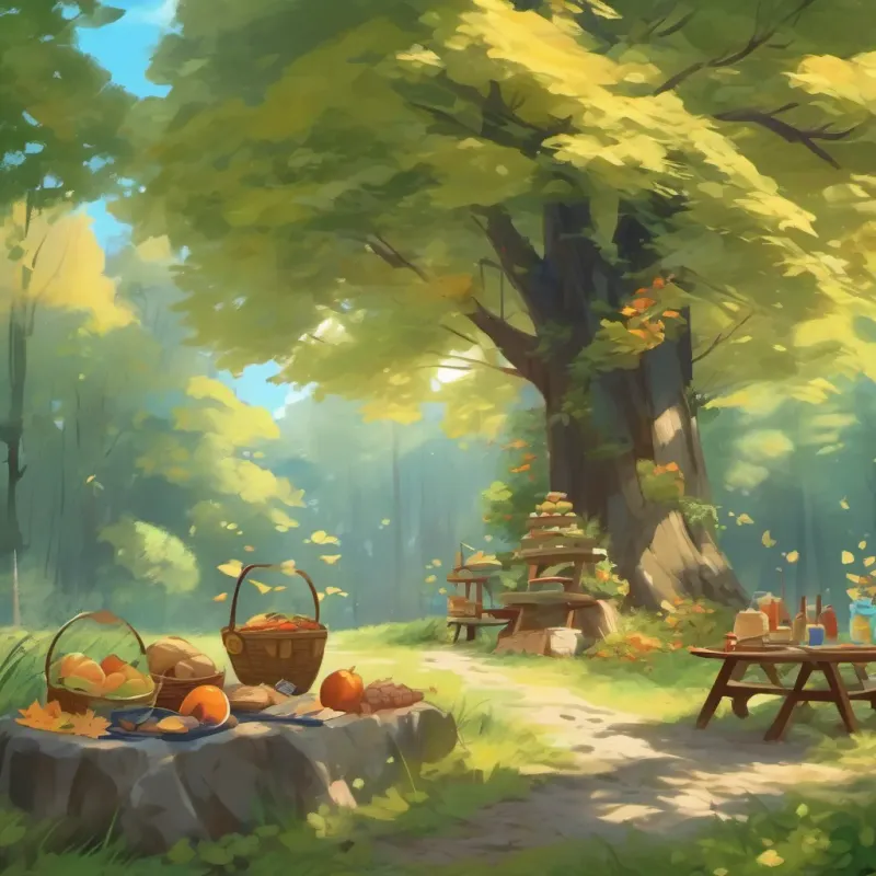 a strong wind blowing through the forest, scattering picnic items and leaves