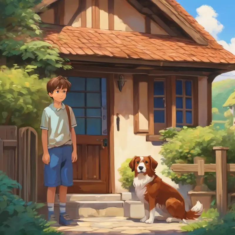 A picture of Alex is a boy with brown hair He has blue eyes and Miki is a brown-haired dog He has brown eyes standing outside their house in Sunnyville.