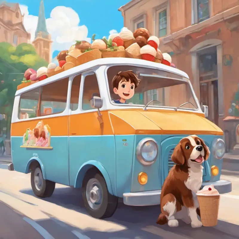 A picture of Alex is a boy with brown hair He has blue eyes and Miki is a brown-haired dog He has brown eyes pulling the ice cream truck with a rope.