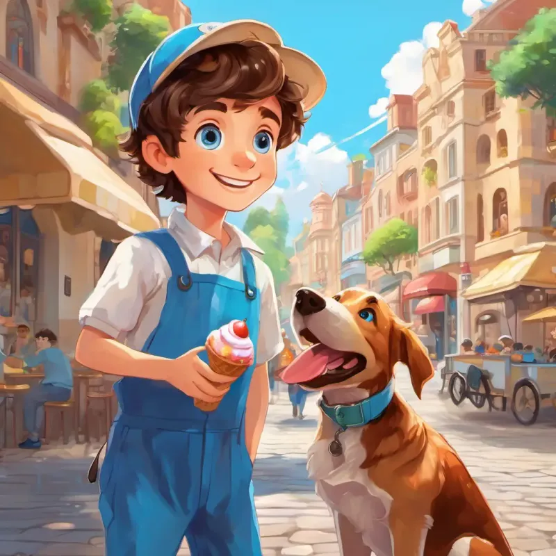 A picture of Alex is a boy with brown hair He has blue eyes, Miki is a brown-haired dog He has brown eyes, and the ice cream man smiling and serving ice cream to people.