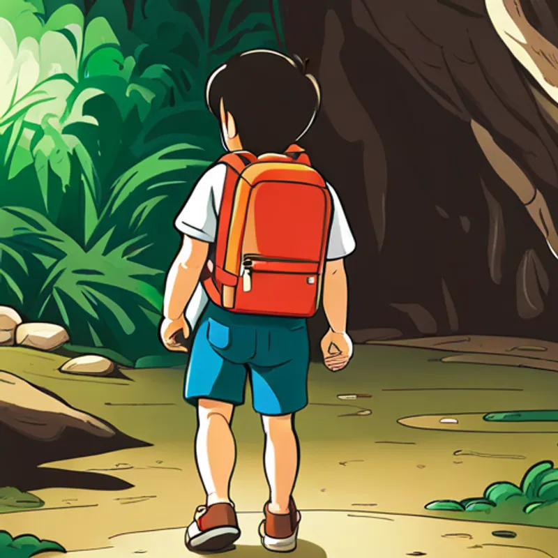 James leaving the cave with his backpack