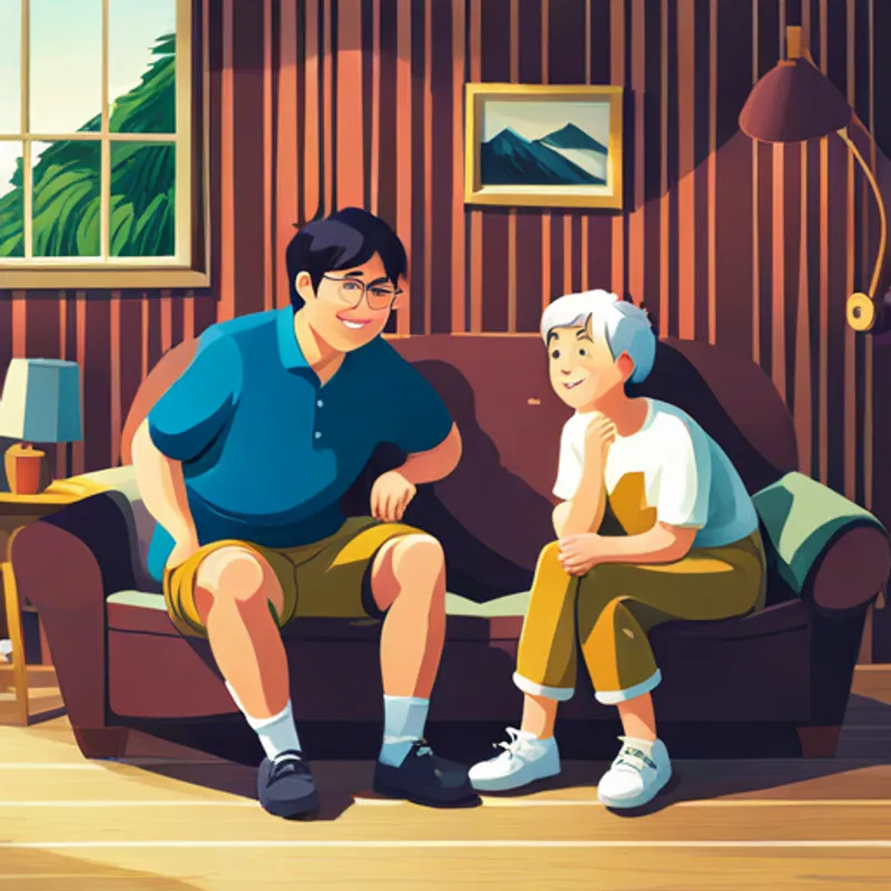 James happily talking to his friends