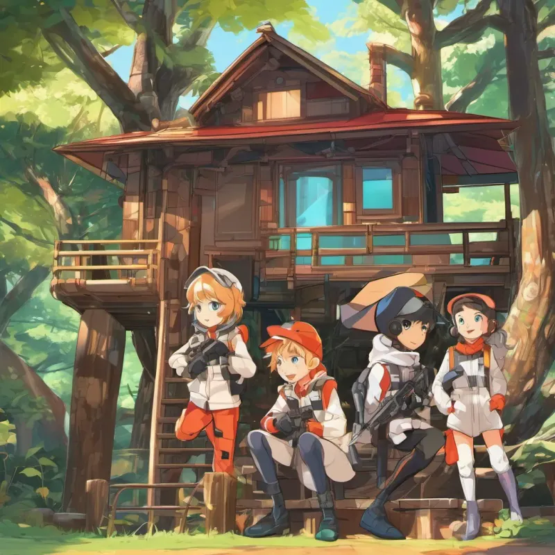Four kids in spy gear, each with distinctive, playful outfits in a cozy, well-equipped treehouse.