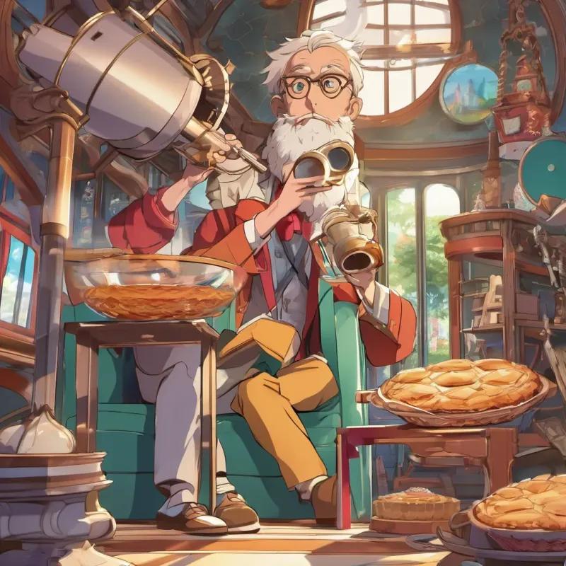 Tim peeking through a whimsical telescope at an eccentric man holding a pie, looking suspicious.