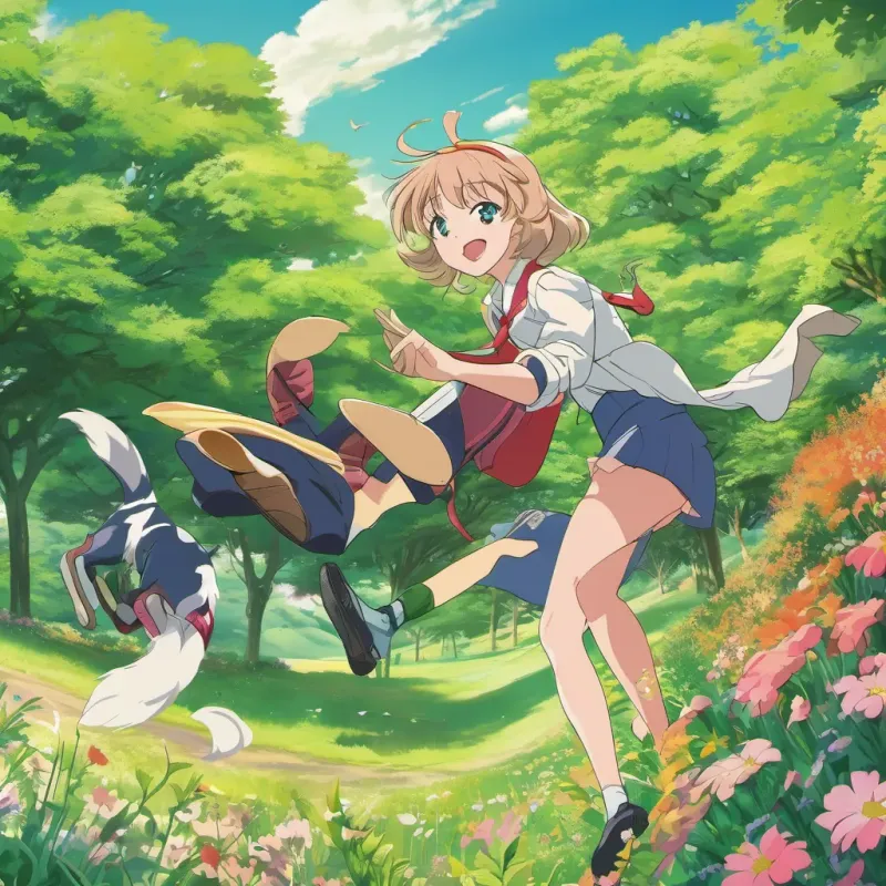 Betty's animated pounce towards Jim, who somersaults away mysteriously in a playful countryside.