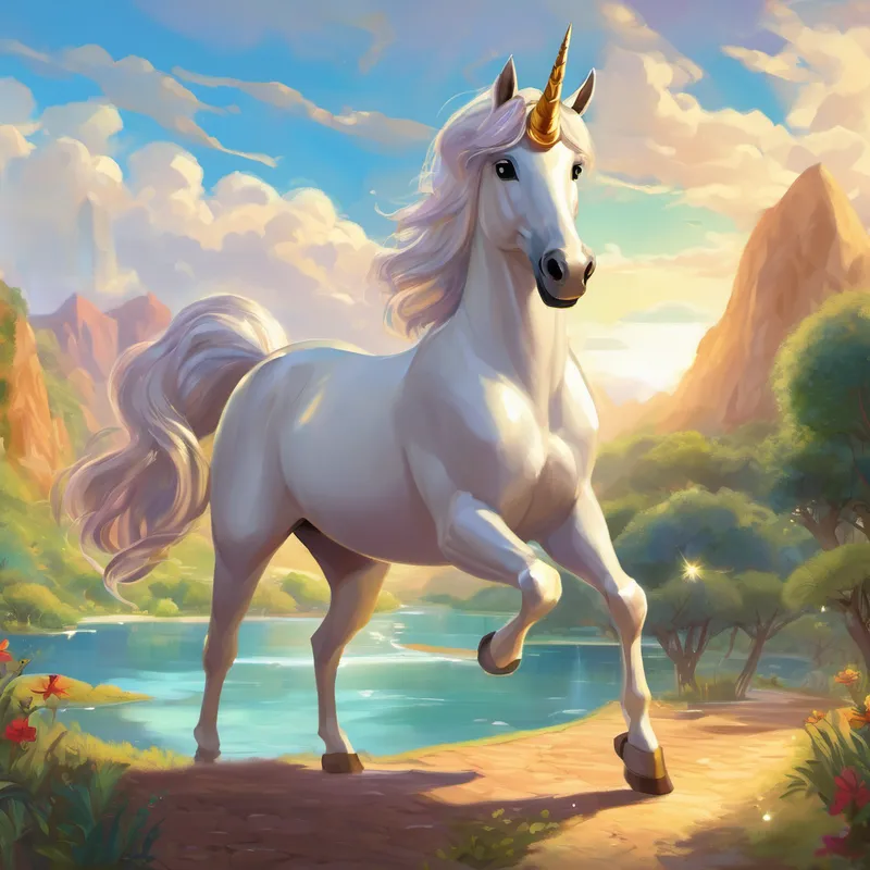 Aisha opened the book and instantly a friendly unicorn named Farah appeared on the pages. Farah had a golden horn and sparkled with every move. The unicorn spoke in a kind voice and told Aisha that she would be her guide on this journey to learn about Islam. "Hello, Aisha! Are you ready for an exciting adventure?" Farah asked with a sparkle in her eyes.