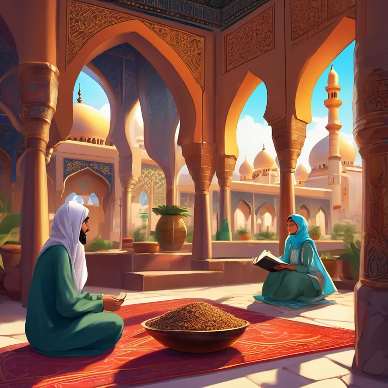 Aisha nodded eagerly, and together they dove into the book. They traveled through its colorful pages and arrived in a bustling Arabian marketplace. The air was filled with delightful scents of spices and a vibrant energy. "Welcome to Arabia, Aisha! Here, people practice Islam, a beautiful religion that teaches love, peace, and unity," Farah explained.