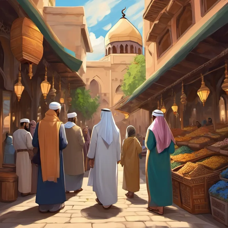 As they walked through the marketplace, Farah introduced Aisha to friendly merchants who shared their knowledge about the basics of Islam. They told her about Allah, the one true God, and how Muslims pray to Him. Aisha learned that Muslims believe in showing kindness and generosity to others, just as Allah shows to them. Next, they entered a mosque, a peaceful place of worship. Aisha saw Muslims praying together, bowing and prostrating in devotion. Farah explained the importance of prayer and how Muslims pray five times a day to connect with Allah.