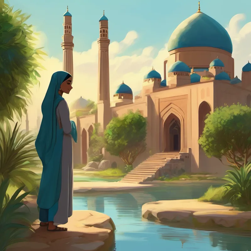 After leaving the mosque, Aisha and Farah found themselves in a serene oasis. The air was fresh, and Aisha could hear the peaceful melody of flowing water. "This is a special place, Aisha. It is called Ramadan, the holiest month for Muslims," Farah explained.