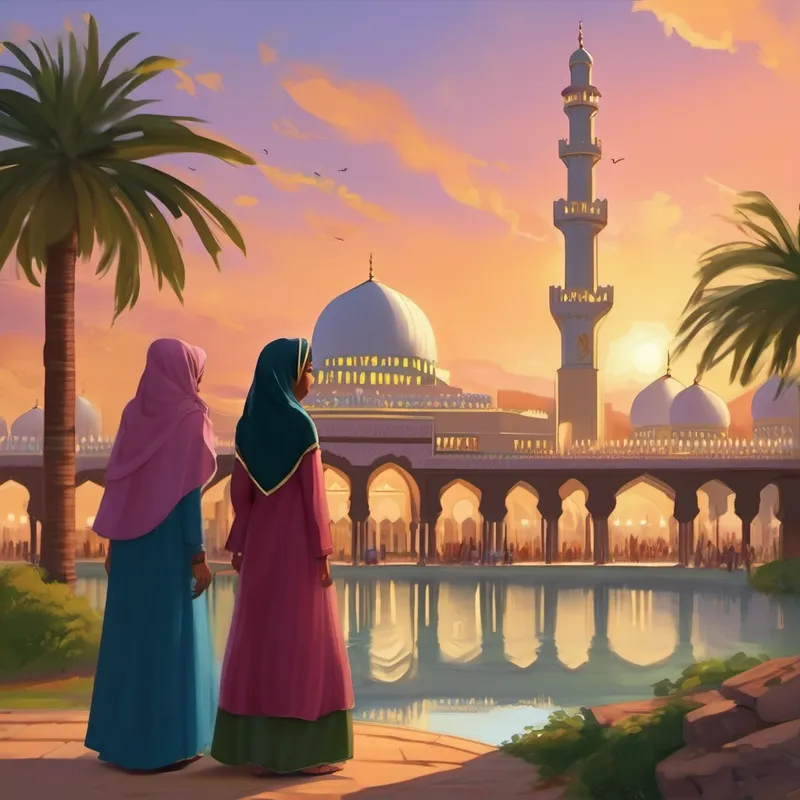 Aisha learned that during Ramadan, Muslims fast from sunrise to sunset. Farah told her about the importance of self-discipline, empathy, and being grateful for all the blessings in life. Aisha was amazed to hear that Ramadan is also a time when Muslims give to the less fortunate, spreading joy and love. As their journey continued, Aisha discovered many more fascinating aspects of Islam. Farah explained the significance of the Kaaba in Mecca, the holy city for Muslims. She told stories about the Prophet Muhammad (peace be upon him) and his teachings of love, humility, and compassion.
