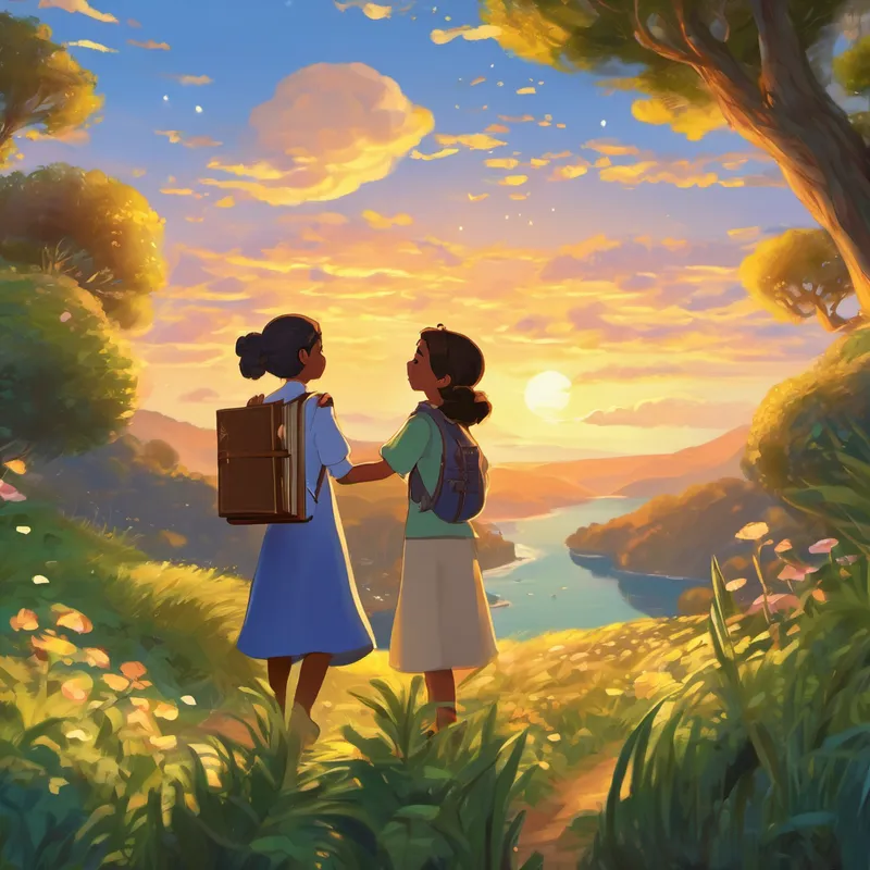 Finally, as the sun began to rise, Aisha and Farah returned to the library, ending their magical journey through the book. Aisha was filled with warmth and gratitude for all that she had learned. "Thank you, Farah, for this incredible adventure," Aisha said, hugging the book tightly.